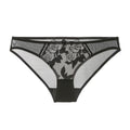 Front view of the black Rosaine sheer mesh brief with rose embroidery. 