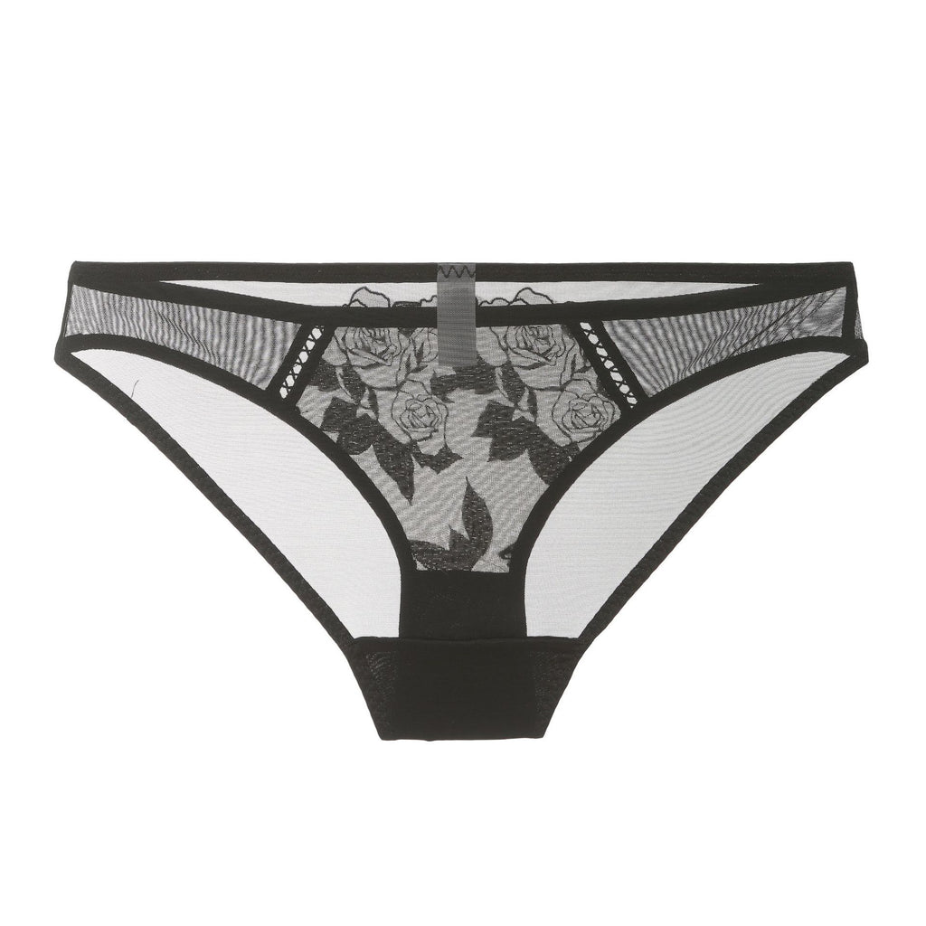 Rear view of the Rosaine Noir brief showing the transparent sheer mesh back.