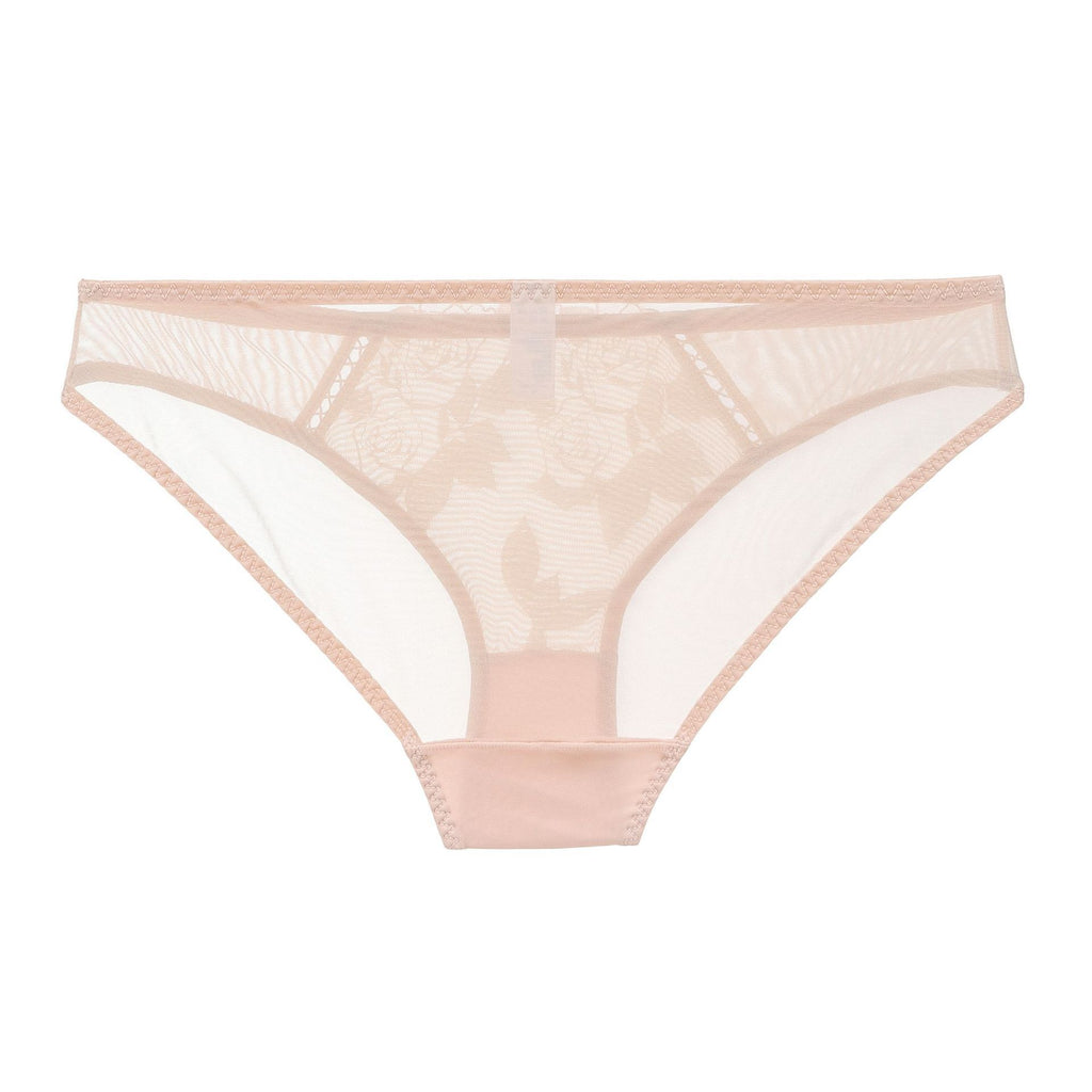 Rear view of the Rosaine nude brief showing the transparent sheer mesh back.
