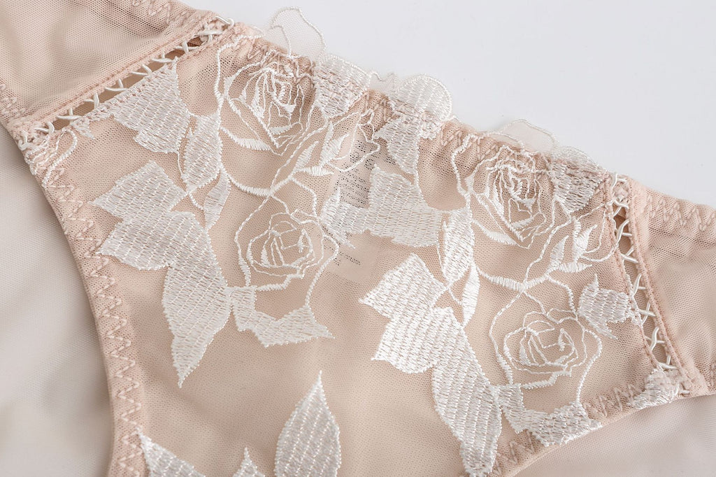 Detailed close-up of the floral rose embroidery.