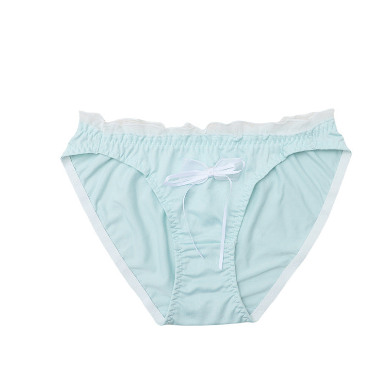 Mint satin-effect panty featuring a soft finish and decorative bow.
