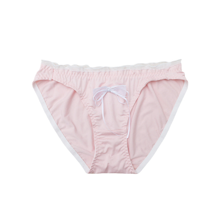Pink satin-effect panty with lightweight fabric and bow detail.
