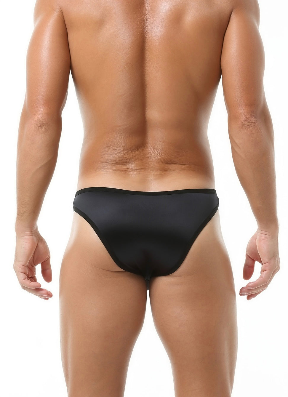 Men’s satin brief in black, low-rise back view.