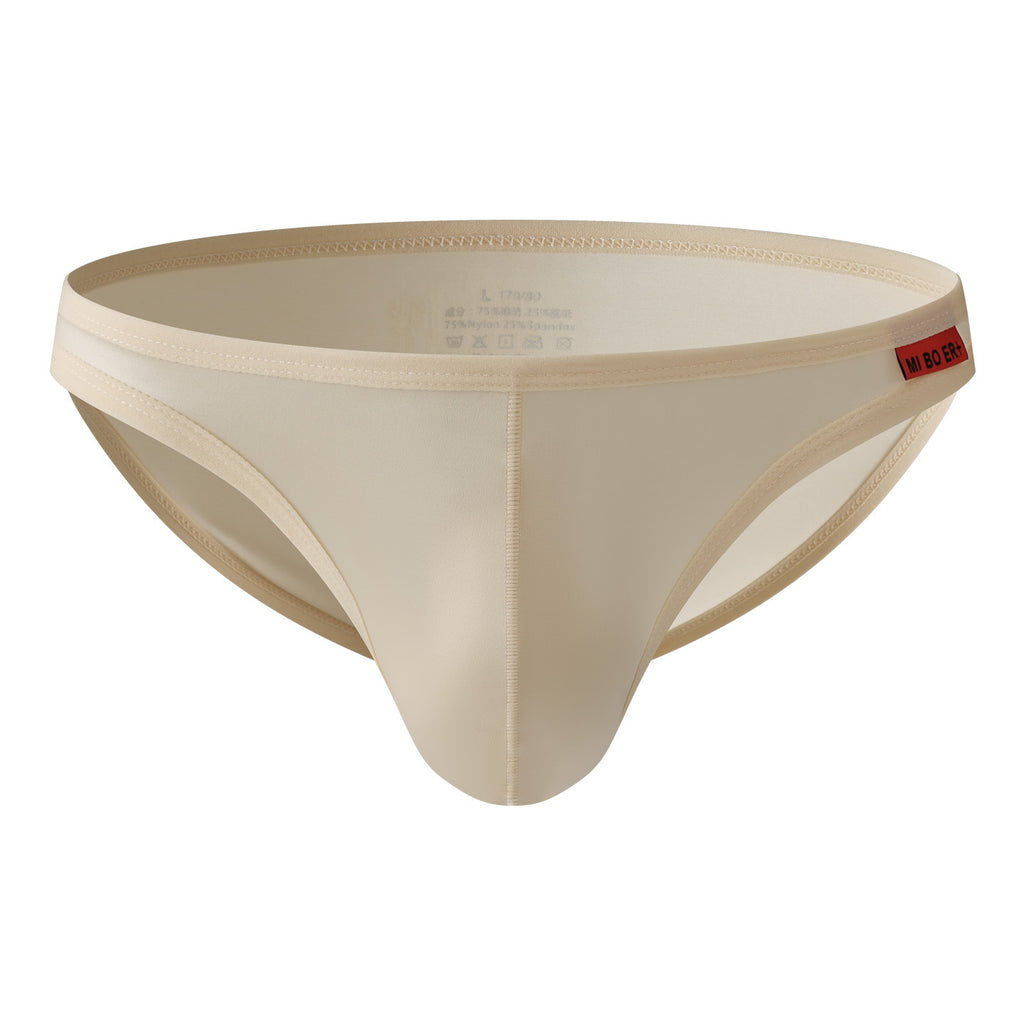 Champagne satin low-rise men’s brief, product view.