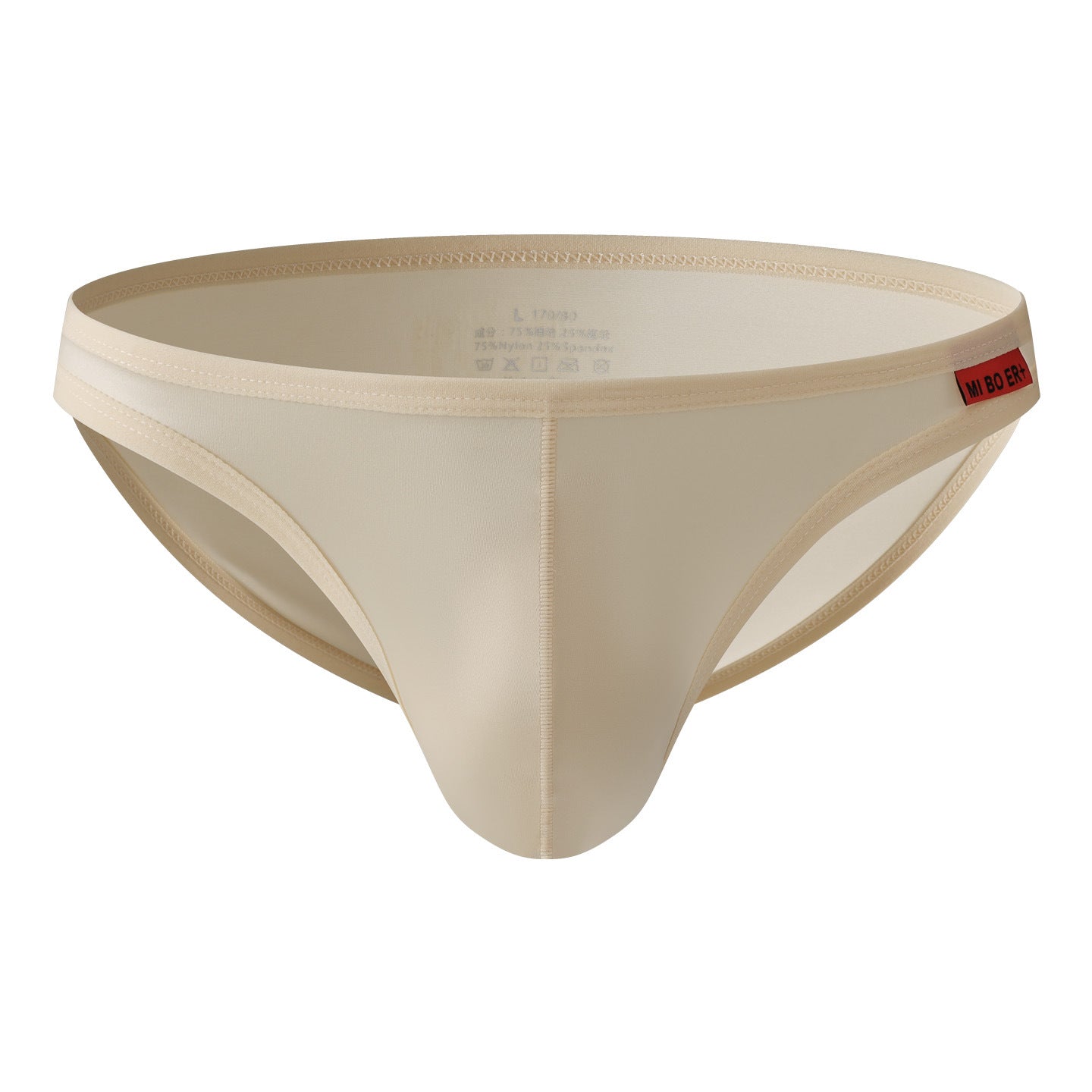 Champagne satin low-rise men’s brief, product view.
