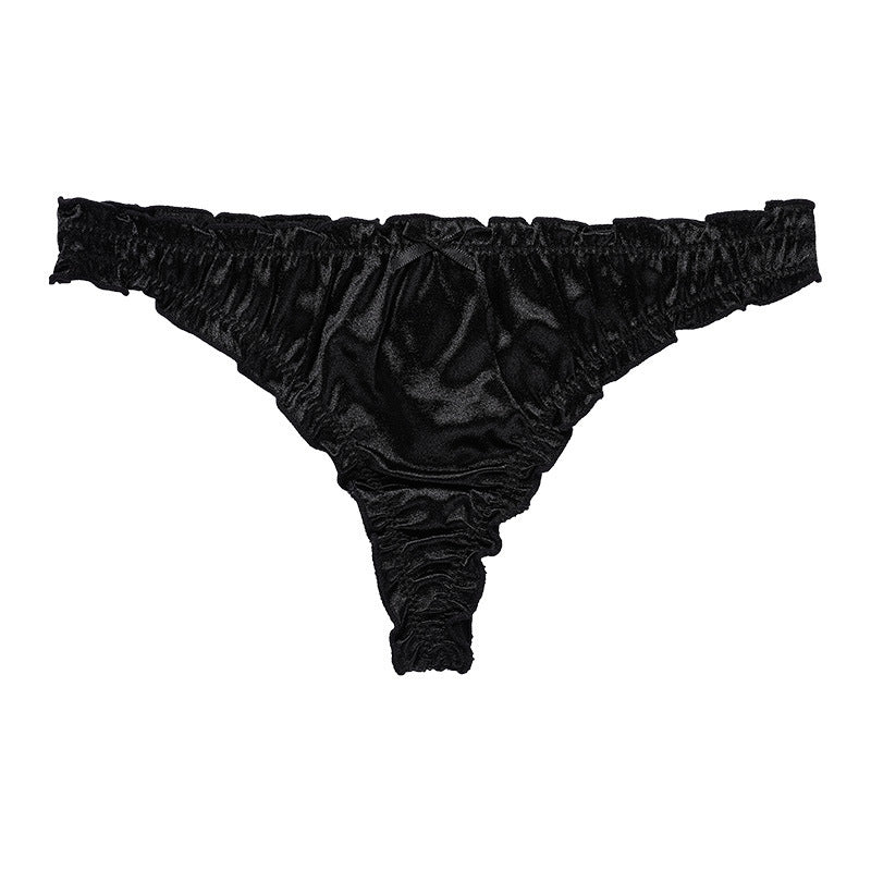 Black thong panty in satin-finish nylon with a soft sheen and lightweight feel.