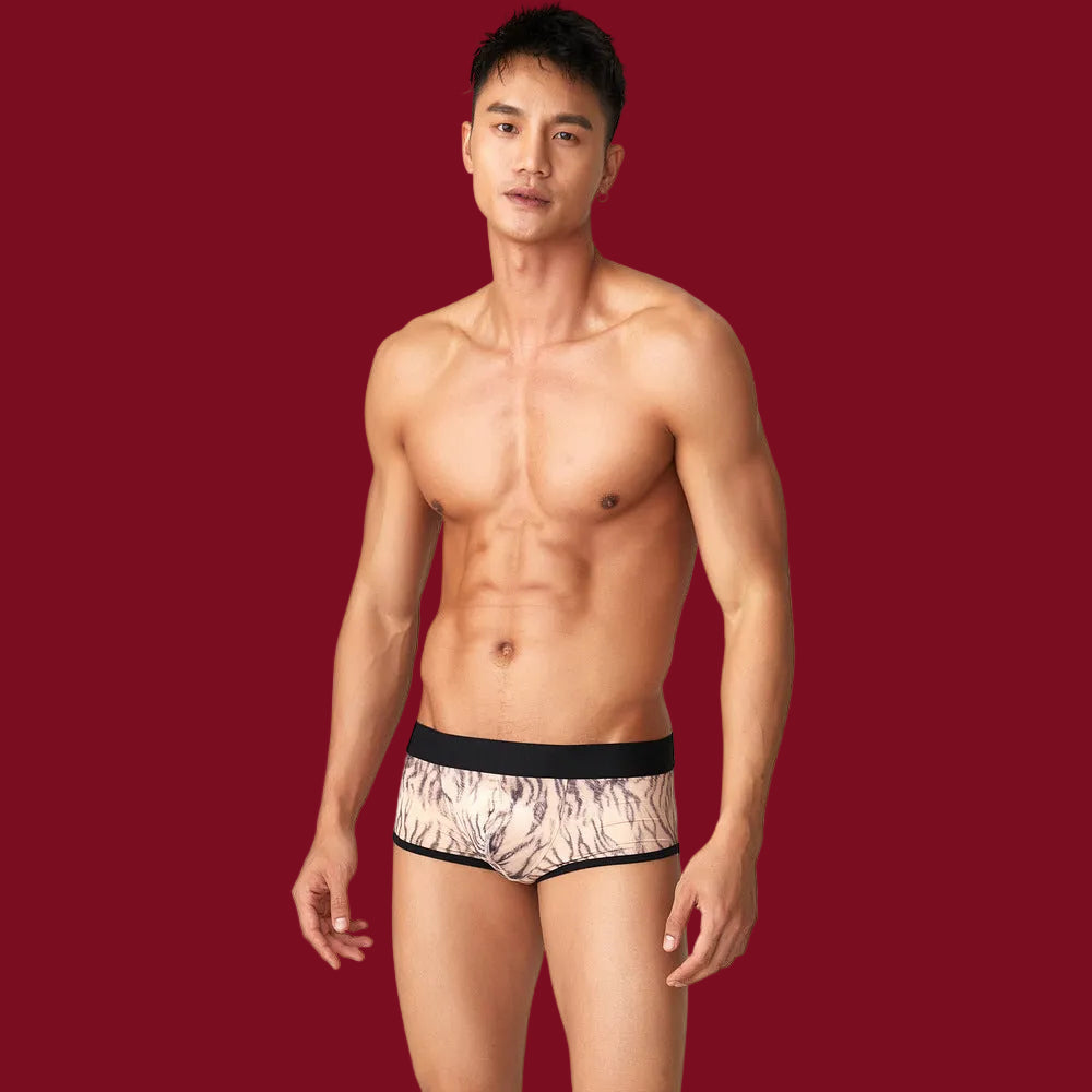 A full-body studio pose on a burgundy backdrop, highlighting the body-sculpting fit and modern silhouette of the tiger-print boxer brief.