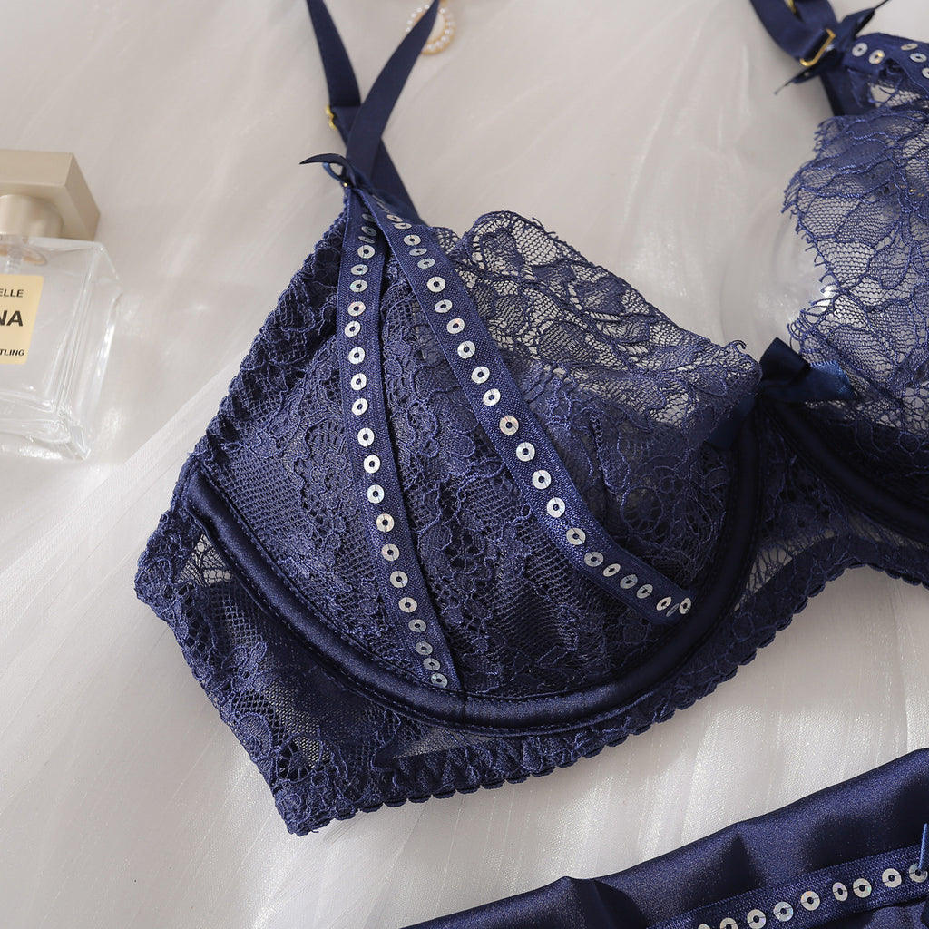 Product flat lay of the Blue Hour Confession semi-sheer floral lace underwired bra showcasing the intricate unlined texture.