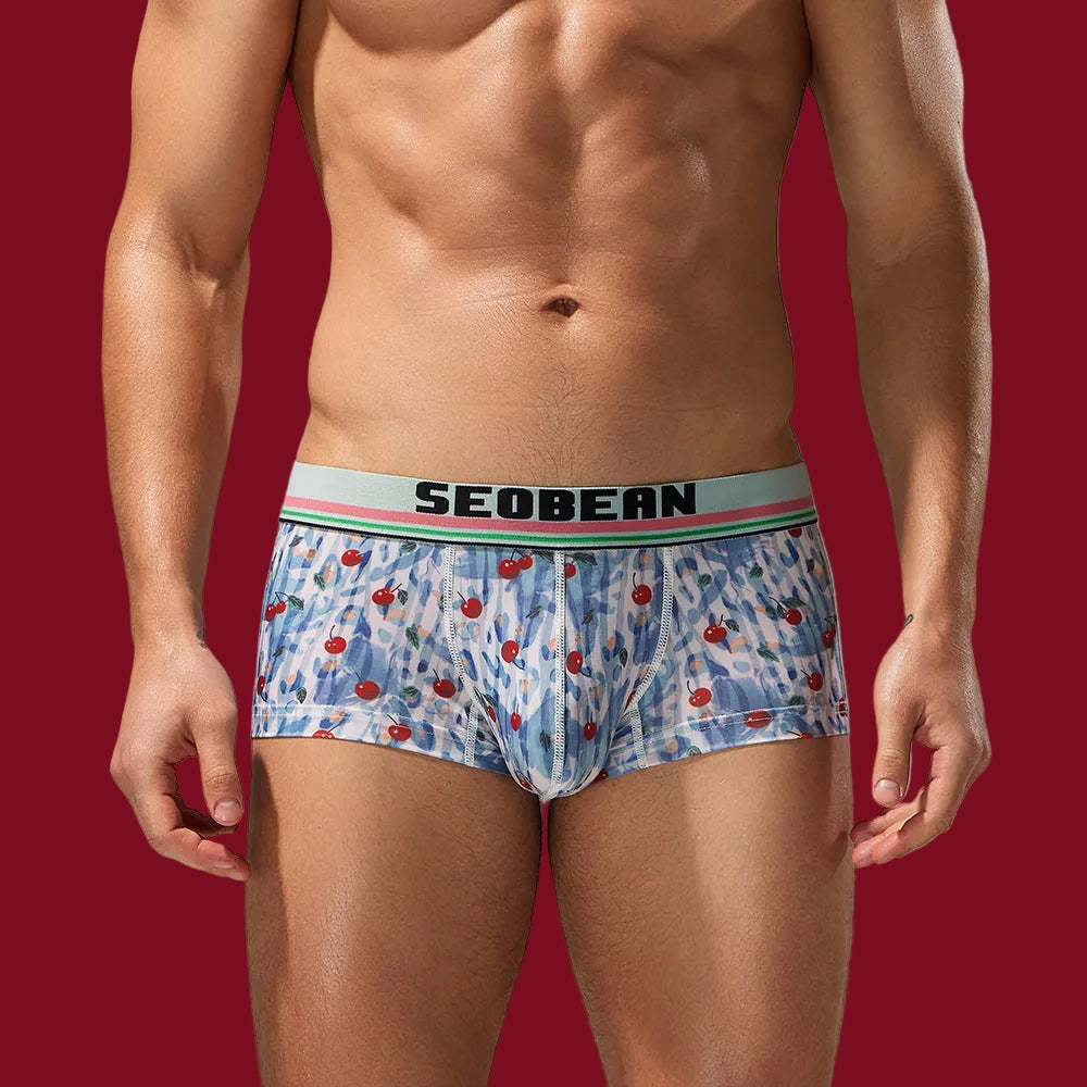 Front view of the SEOBEAN Cherry Breeze boxer against a signature mooods burgundy background, highlighting the airy blue and cherry print.