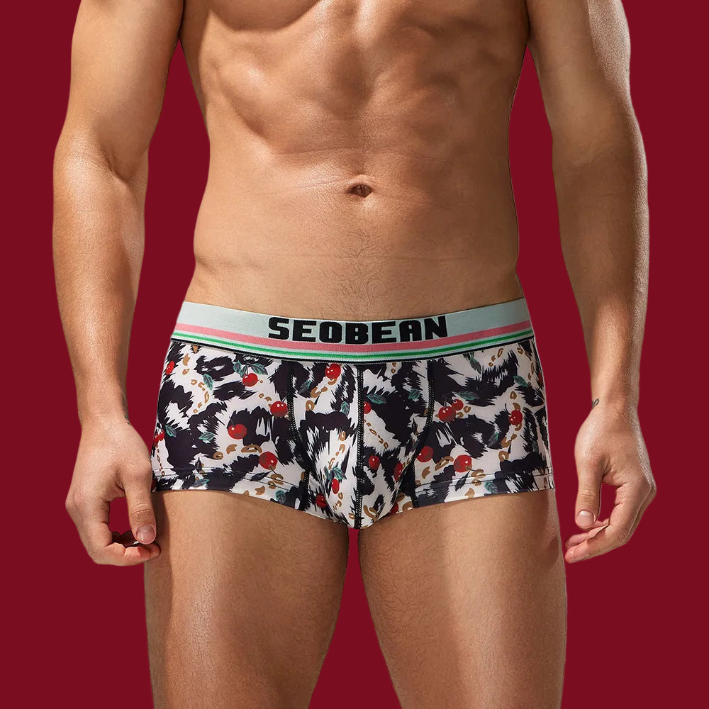Front view of the SEOBEAN Cherry Storm boxer on a signature mooods burgundy background, highlighting the abstract cherry print.