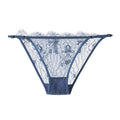 Front view of the Dark Blue Seraphina brief featuring sheer eyelash lace.