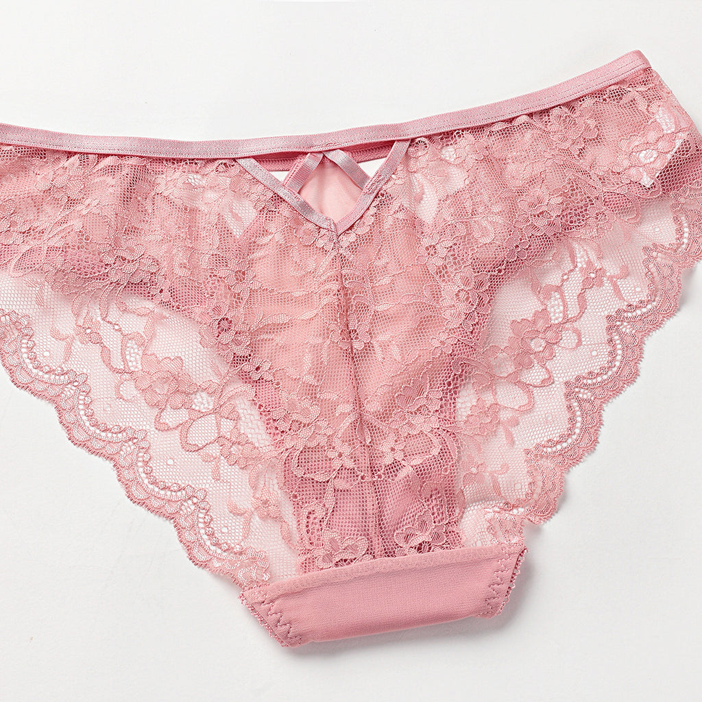 Rear perspective of the floral lace briefs, emphasizing the scalloped edges and the seamless, second-skin fit of the premium nylon-spandex blend.