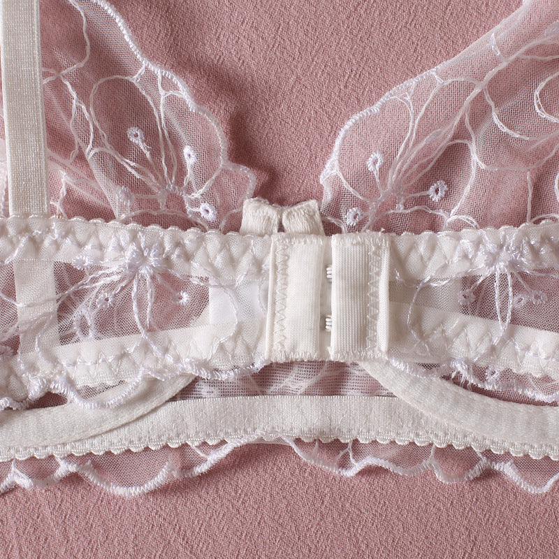 Close-up of the sheer mesh bra, back view, with floating floral embroidery, showcasing the fragile beauty and high-definition texture for the archive.