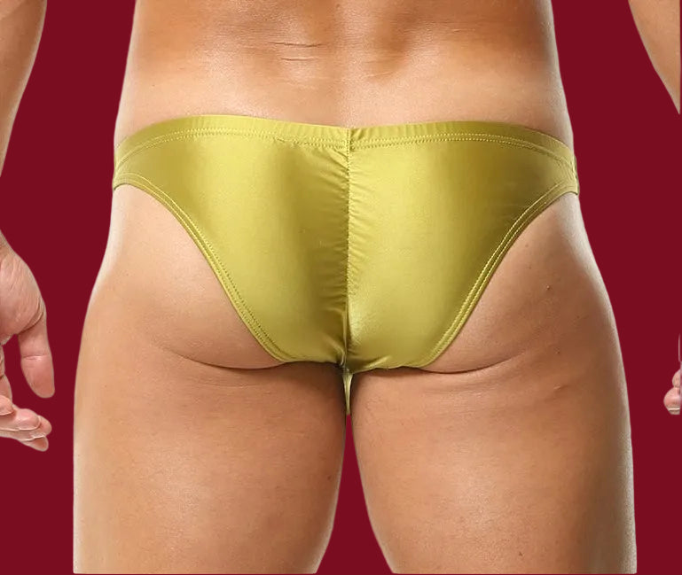 Back view of smooth nylon men’s brief showing minimalist coverage and refined silhouette.