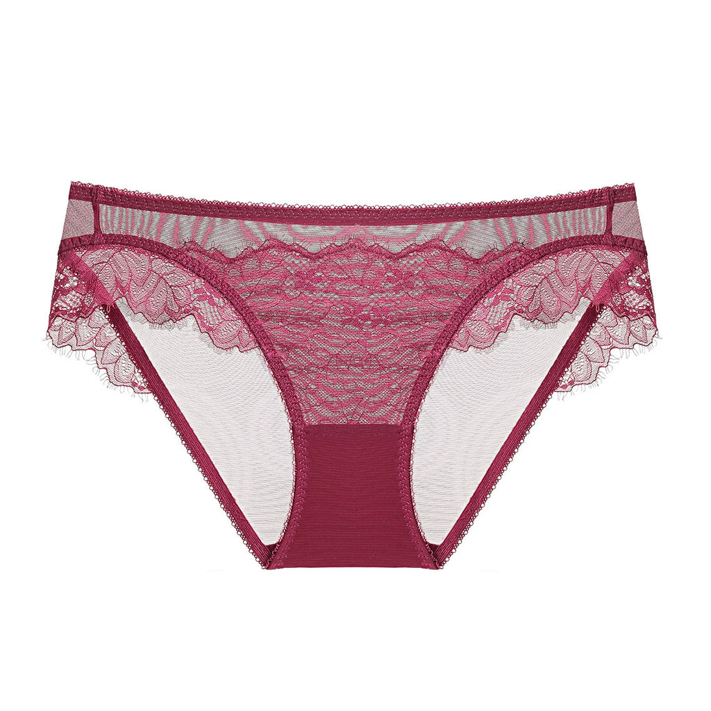Crimson bloom floral lace cut-out brief with scalloped edges and structured side cut-outs.