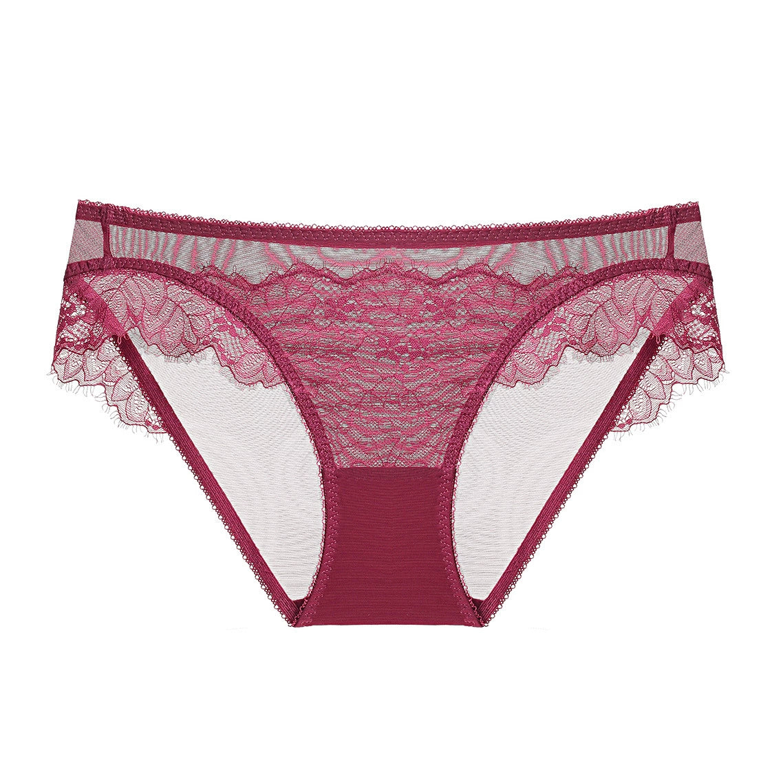 Crimson bloom floral lace cut-out brief with scalloped edges and structured side cut-outs.