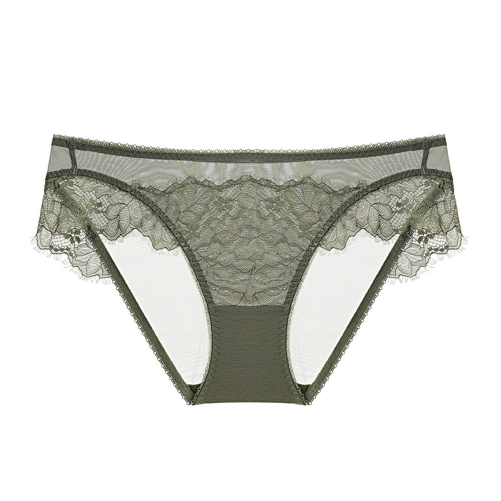 Vintage olive sheer floral lace cut-out brief with geometric framing and low-rise silhouette.