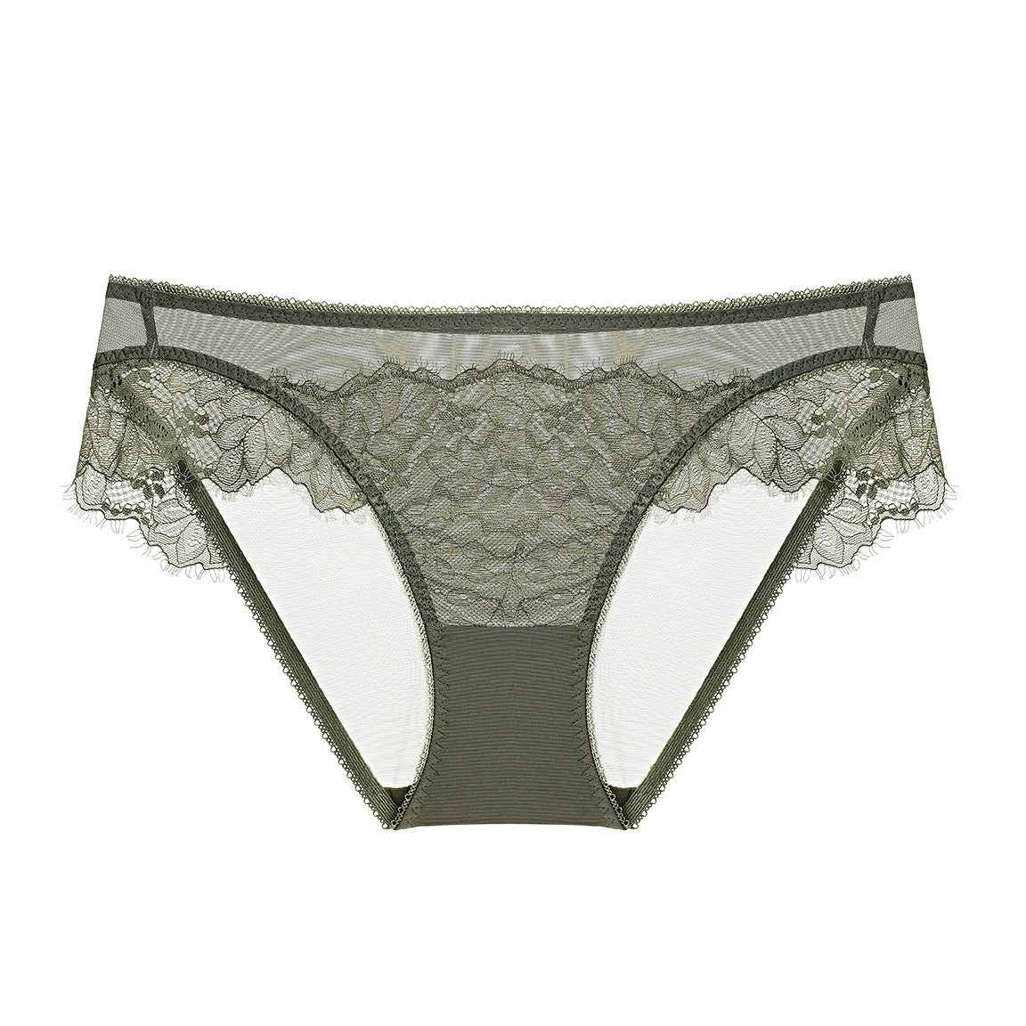 Vintage olive sheer floral lace cut-out brief with geometric framing and low-rise silhouette.