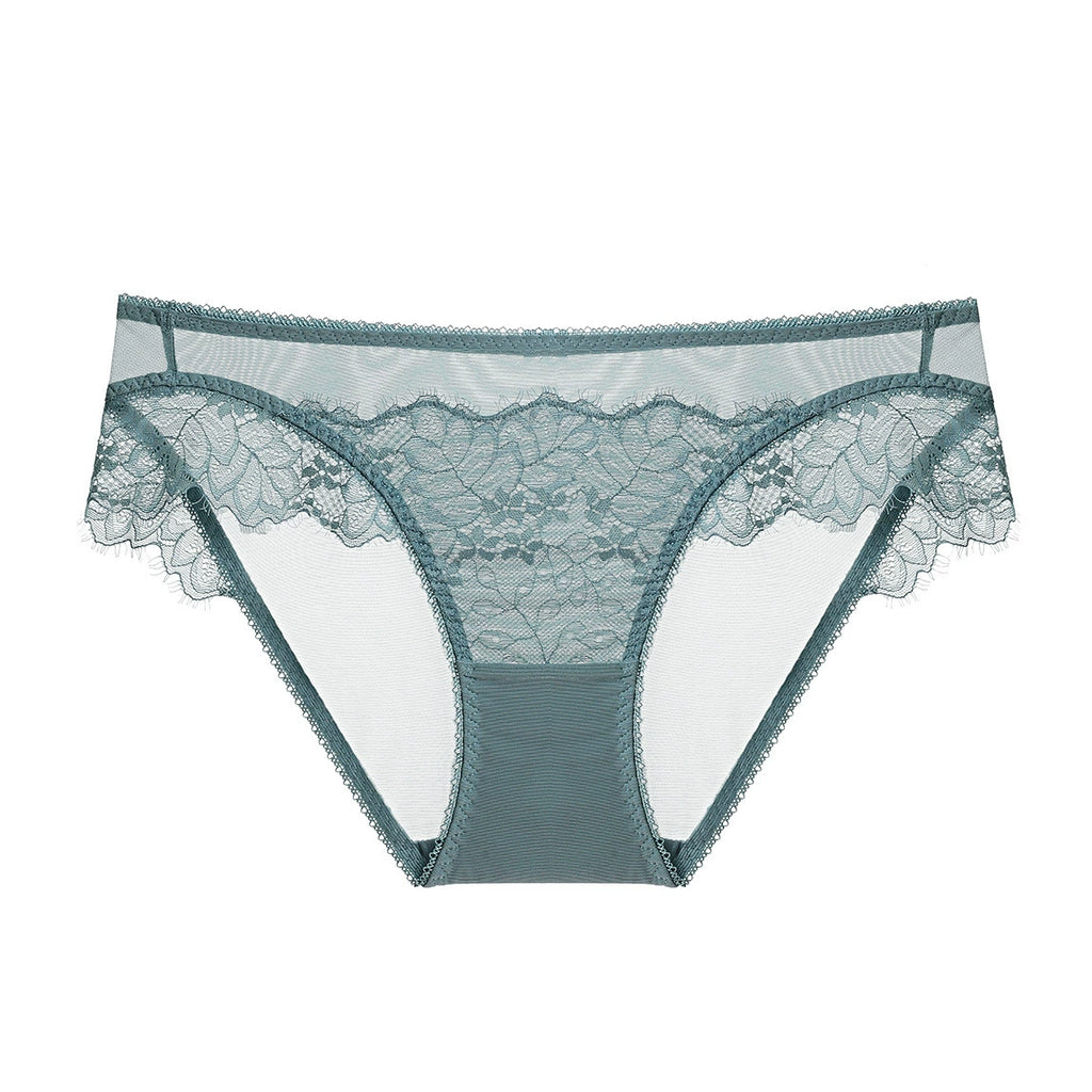 Soft powder blue sheer lace brief with minimalist low-rise shape and delicate mesh construction.