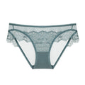 Soft powder blue sheer lace brief with minimalist low-rise shape and delicate mesh construction.