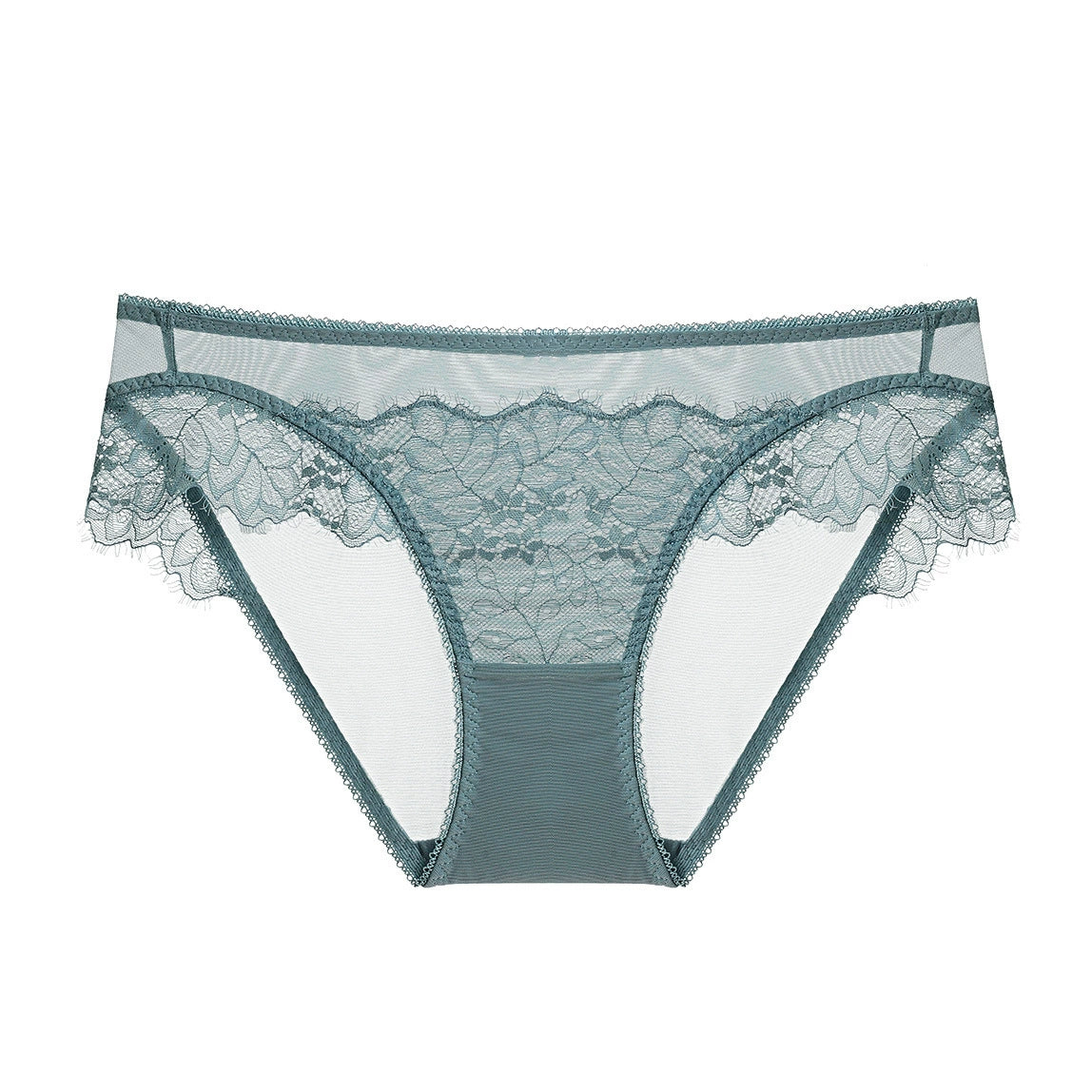 Soft powder blue sheer lace brief with minimalist low-rise shape and delicate mesh construction.