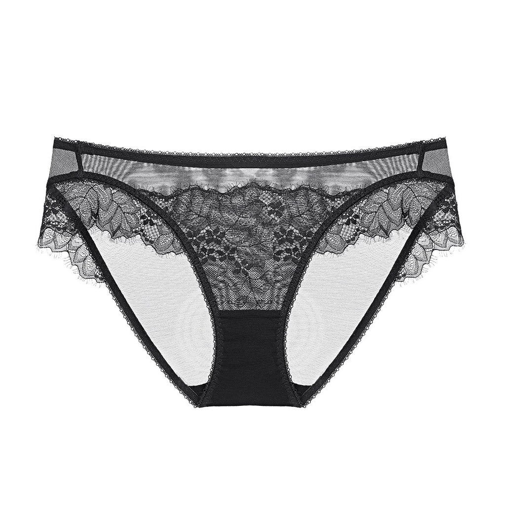 Obsidian black sheer lace cut-out brief with modern architectural detailing and transparent mesh panels.