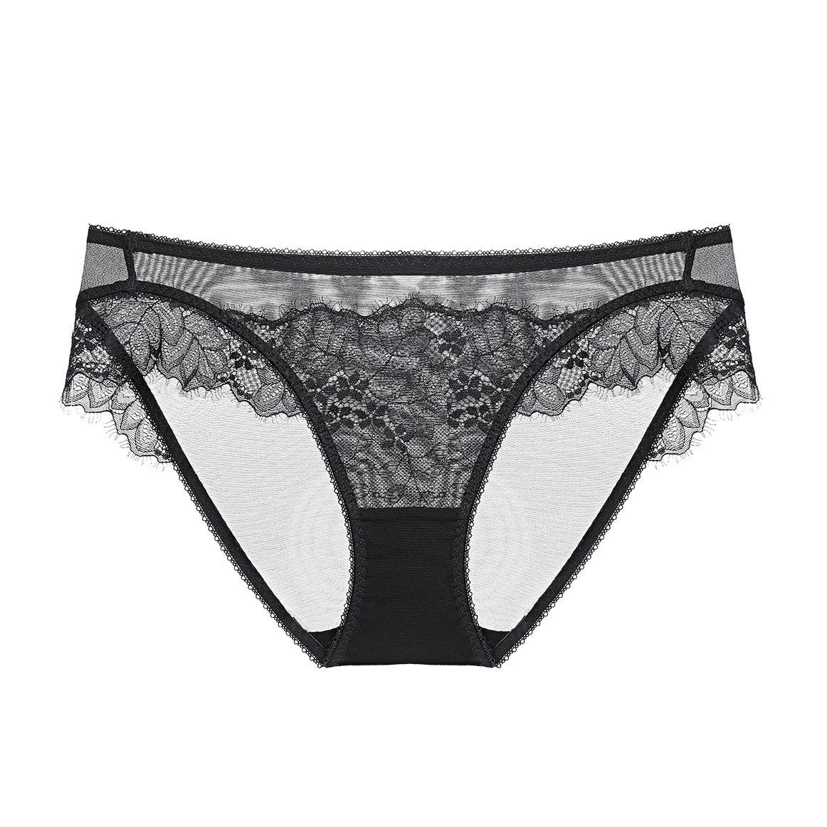 Obsidian black sheer lace cut-out brief with modern architectural detailing and transparent mesh panels.