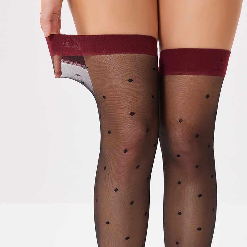 The solution to slipping: an integrated silicone-backed burgundy band provides all-day security without losing the high-fashion elegance of the leg.