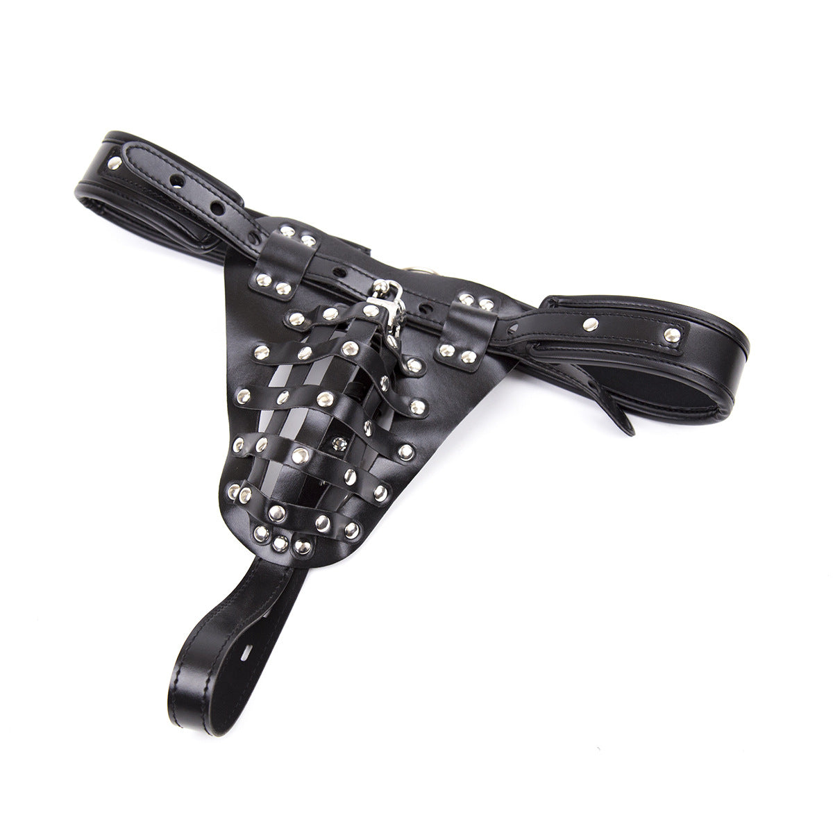 Flat lay view of studded leather harness jock showing full strap layout and construction.