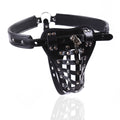 Front angled view of black studded leather harness jock with structured front panel and adjustable waistband.