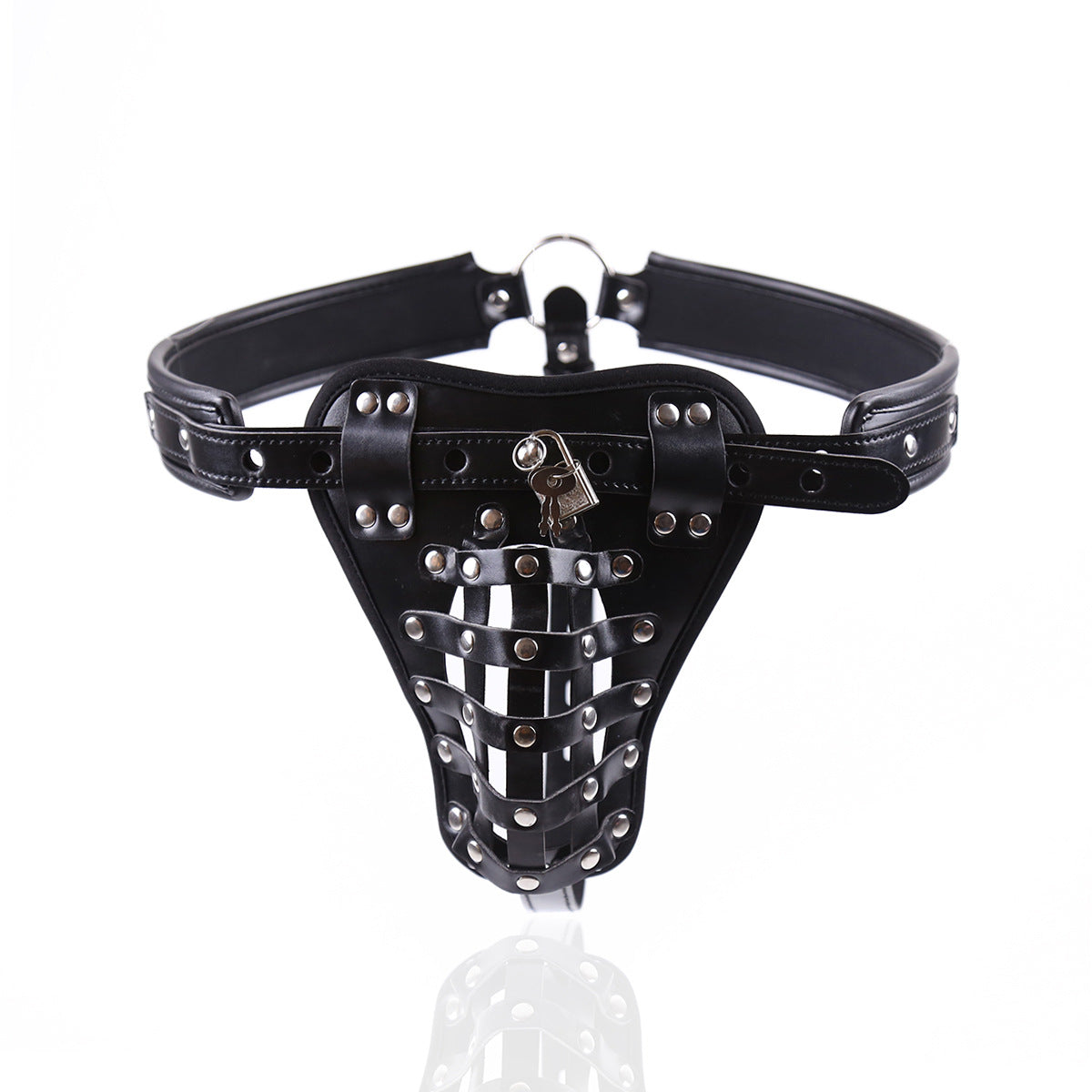 Front view of black leather harness jock featuring studded detailing and reinforced construction. 