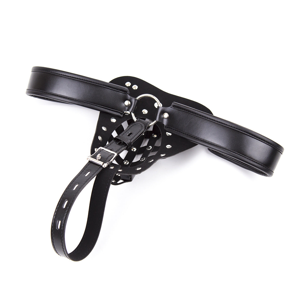 Close-up of metal studs and buckle hardware on black leather harness jock.