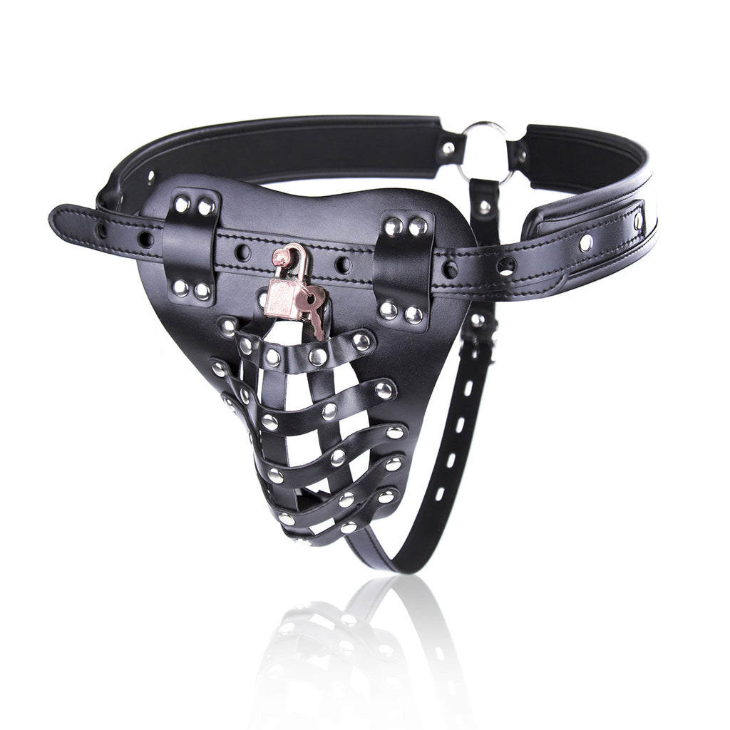 Left side view of studded leather harness jock highlighting adjustable side straps and metal hardware. 