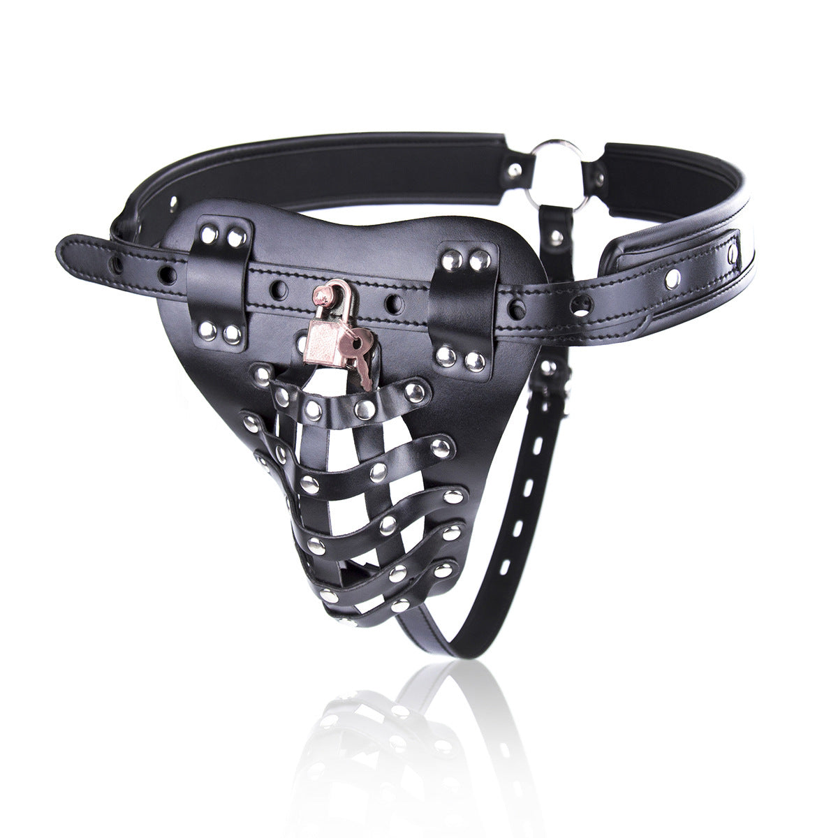 Left side view of studded leather harness jock highlighting adjustable side straps and metal hardware. 