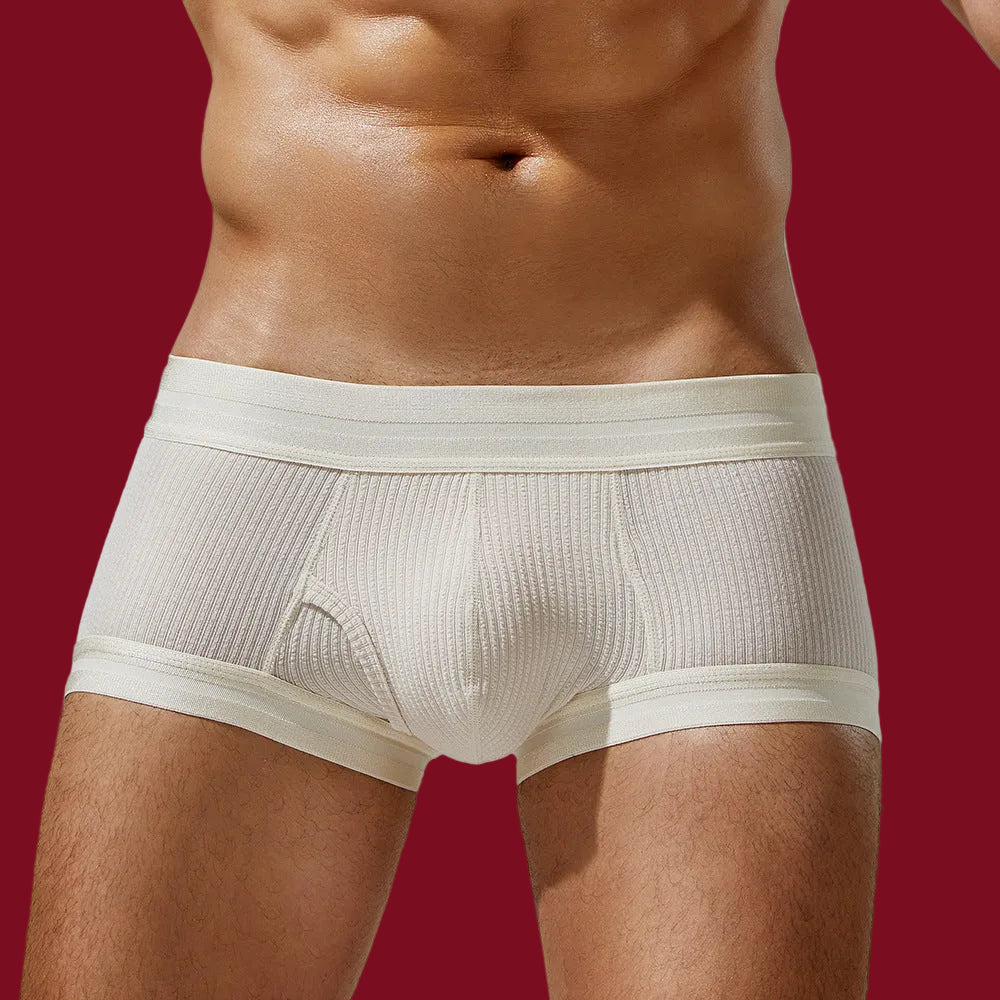 Frontal view of Tauwell Silk-Touch boxer in white showing the micro-ribbed texture and sculpted pouch.
