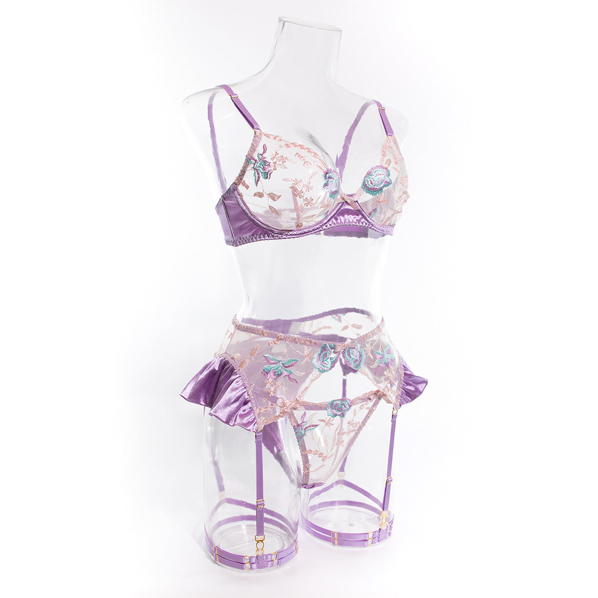 A side profile of the Lilac ensemble. This angle captures the volume of the satin ruffles on the garter belt and the precise fit of the embroidered cups.