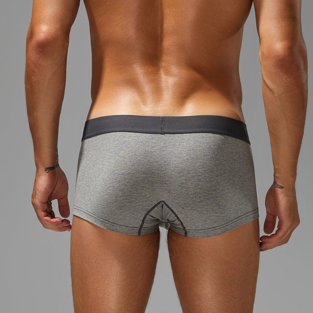Rear view of an athlete in grey cotton trunks; clean, architectural silhouette with full coverage.