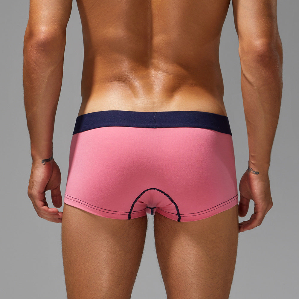 Rear view of pink and navy contrast organic cotton trunks, showing full seat coverage and an architectural, grounded silhouette.