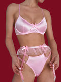 Rosée Tenderness: A radiant view of the pink satin set for morning rituals, featuring soft ruffles and feminine allure.