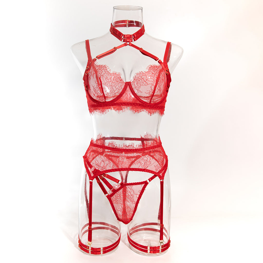 Front product display of The Velvet Script 3-piece set in Crimson Red on a mannequin.