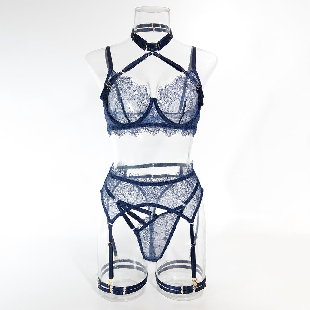 Front product display of The Velvet Script 3-piece set in Midnight Blue on a mannequin.