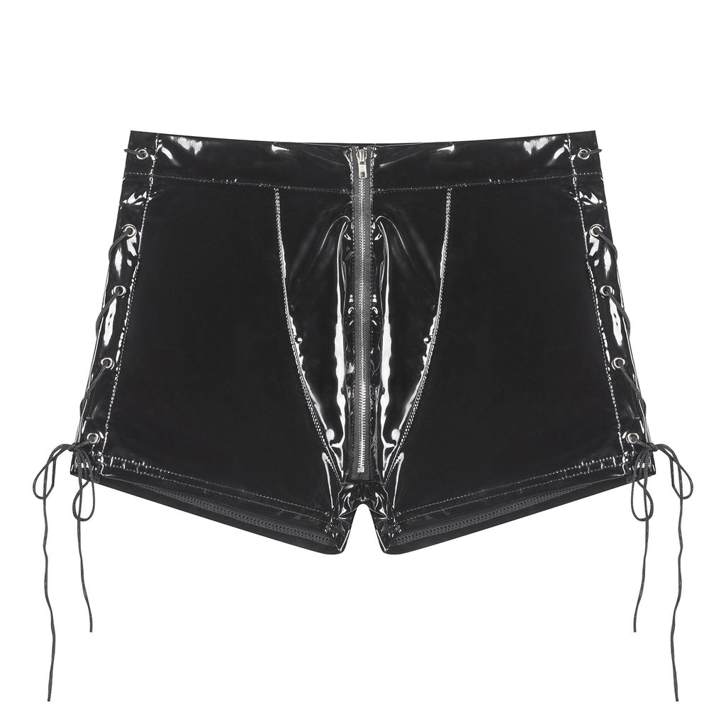 A top-down flat lay of the Trace Line vinyl shorts, displaying the full-length front zip and the symmetrical side-lacing details on a clean background.