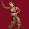 A front-angled fashion shot of the leopard print set (bra, thong, garter) against the signature burgundy mood background, showcasing the raw print without accessories.