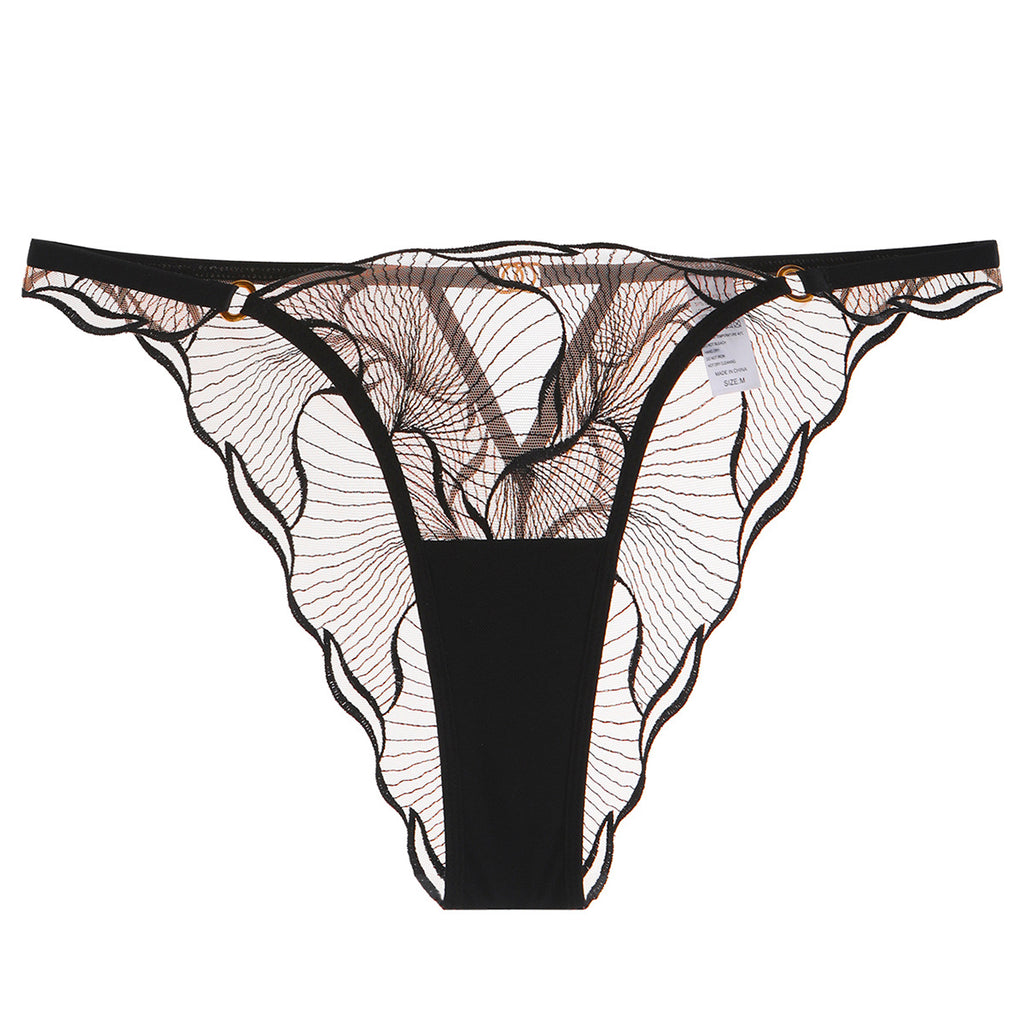 Front view of the Velour Tide panty featuring wave-inspired embroidery on sheer black mesh.