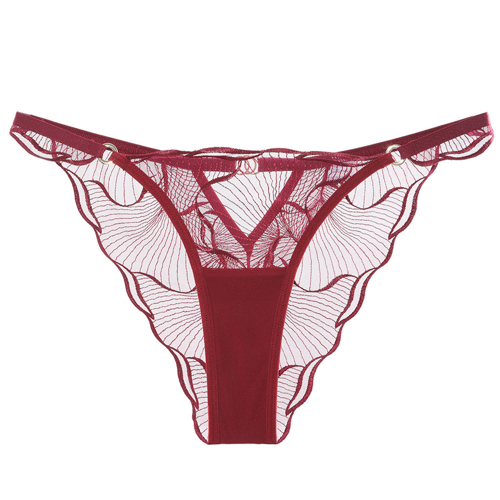 Front view of the Velour Tide panty featuring wave-inspired crimson red embroidery on sheer cmesh.