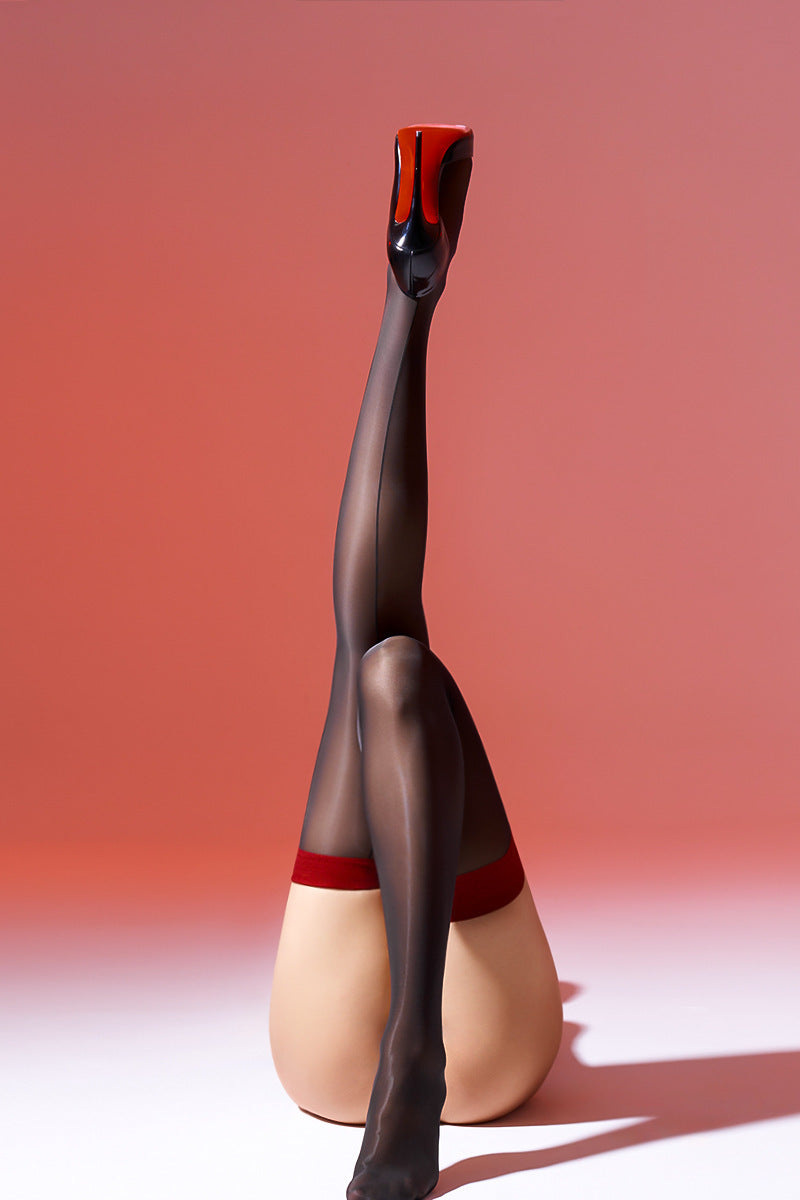 Vertical leg pose showing glossy thigh-high stocking and seamline.