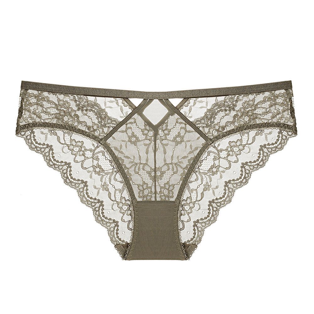 The Petal Frame brief in a muted vintage olive, demonstrating the flexible, soft-stretch lace and low-rise silhouette.