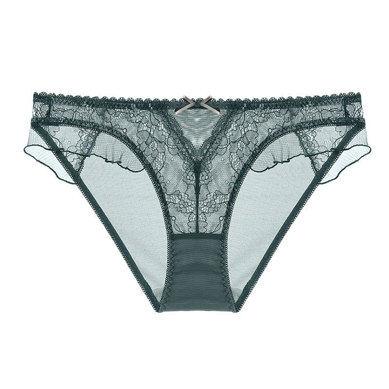 Front view of the Whisper Lace sheer mesh panty with floral lace and ruffle trim, emerald.