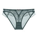 Front view of the Whisper Lace sheer mesh panty with floral lace and ruffle trim, emerald.