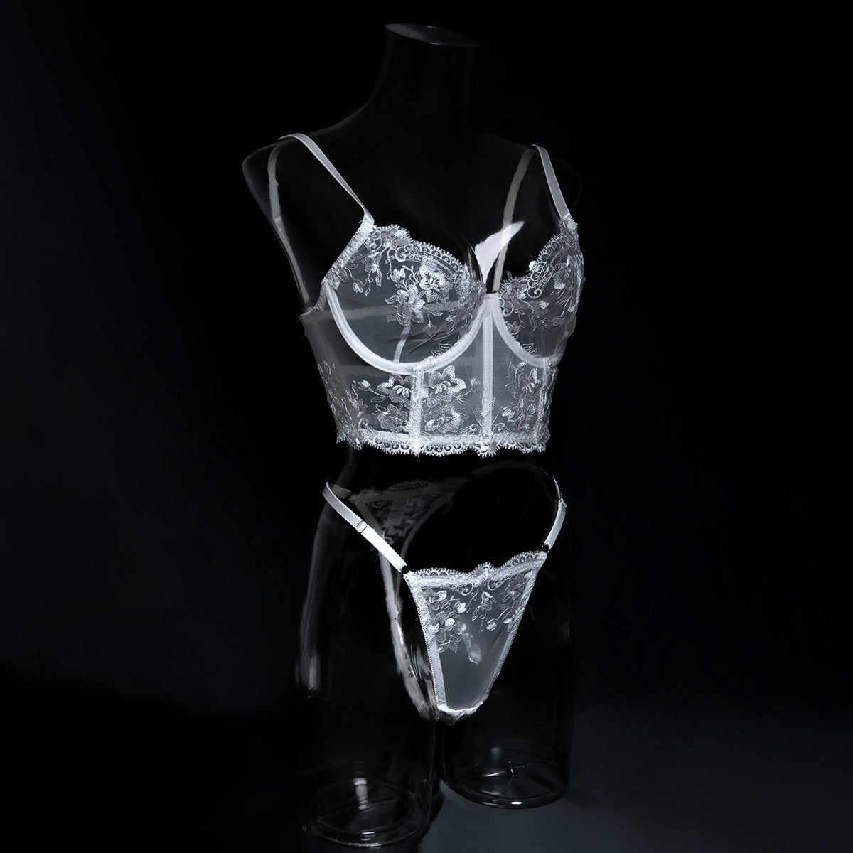 An angled view of the white sheer mesh set, showcasing the jewelry-grade gold hardware and delicate botanical lines.